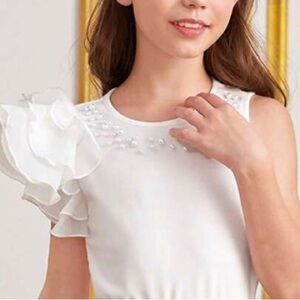 Girls 1pc Pearls Beaded Detail Ruffle Trim Top